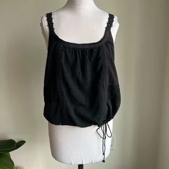ANTHROPOLOGIE EMBROIDERED LACE TANK BLACK DRAW STRING WAIST SIZE SMALL - Picture 1 of 6